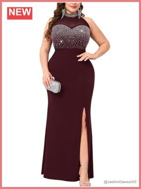 Sexy Plus Size Sparkly Rhinestone Bodice Halter Maxi Dress High Slit Evening
